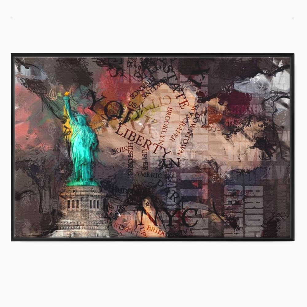 Tablou canvas cu tablou canvas cu statuia libertatii si text, in rama de aluminiu negru